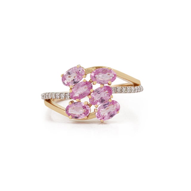 VR Jewels Art Nouveau 14k Yellow Gold 1.66ct Pink Sapphire & Diamond Cluster Bypass Ring Size 5 For Sale - Image 4 of 16