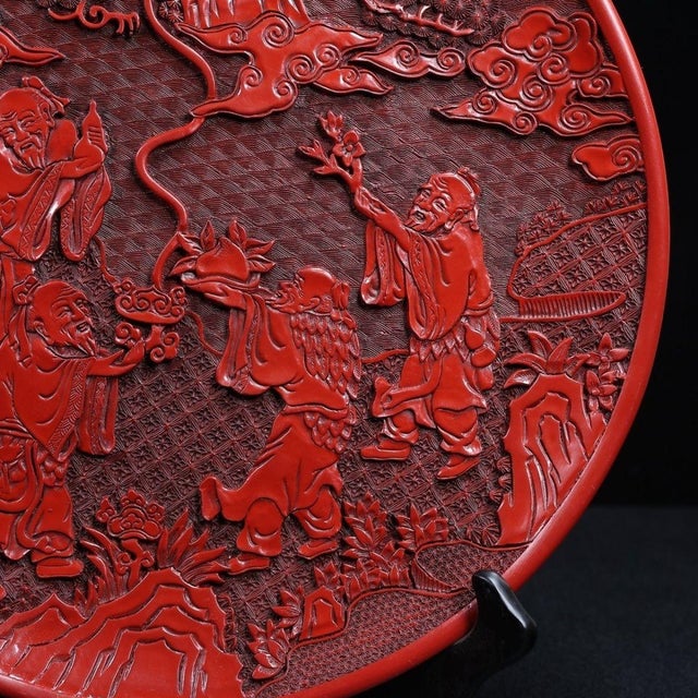 Wood Late 20th Century Carved Cinnabar Lacquer Charger With Scholars and Pine Tree Scene For Sale - Image 7 of 9