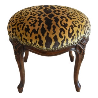 Scalamandré Leopardo Leopard Velvet Newly Upholstered Carved Footstool For Sale