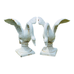 Vintage Cast Iron Swan Garden Ornaments, a Pair