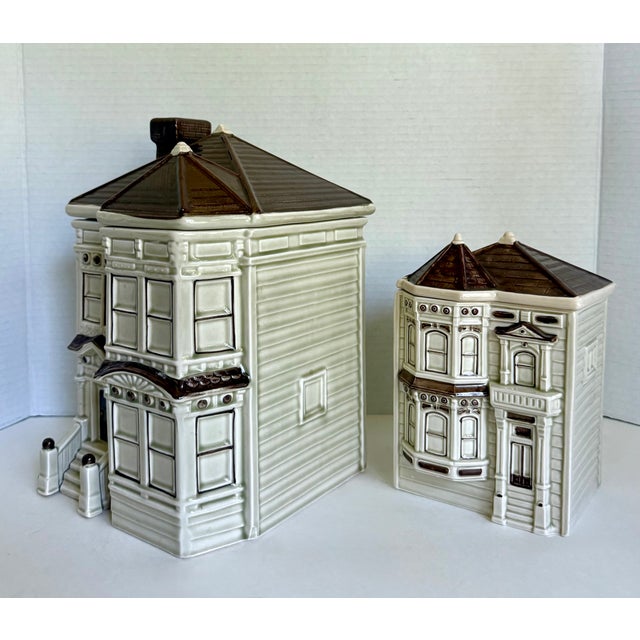 1979-80 Otagiri Ceramic San Francisco Victorian House Canisters Cookie Jars - Set of 2 For Sale - Image 12 of 15