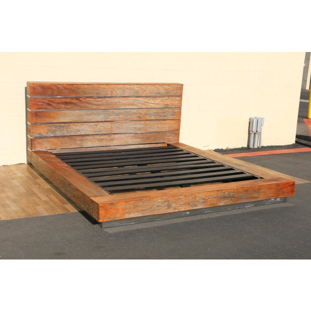 Vintage Rustic Modern King Size Platform Bed Frame With Headboard & Matching Nightstands | Solid Wood & Chrome Bedroom Set For Sale - Image 9 of 18