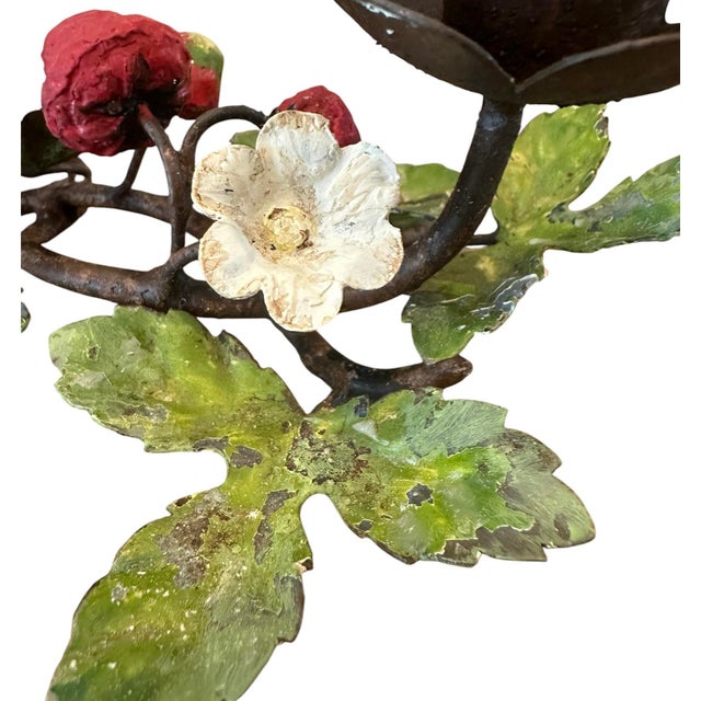 Vintage Italian Hand Painted Tole Strawberry Candle Holders / Botanical Floral Candlesticks, a Pair For Sale - Image 4 of 9