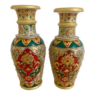 Vintage Indian Meenakari Altar Vases Boho Maximalist Decor, a Pair For Sale
