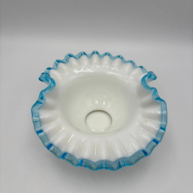 1990s Vintage Fenton Milkglass Aqua Crest Crimped Round Bowl For Sale - Image 5 of 6