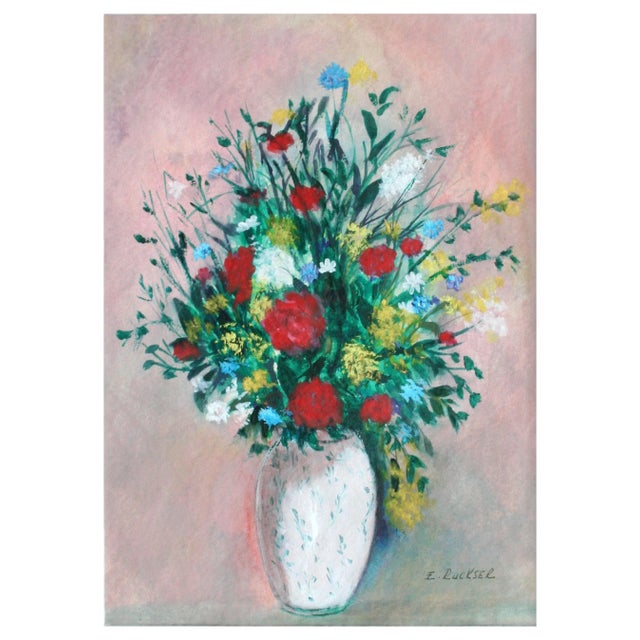 1960s Mid-Century Summer Flowers Still Life Painting by E. Ruckser For Sale In Monterey, CA - Image 6 of 6