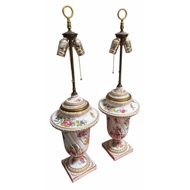 French Pair of Antique German Porcelain Table Lamps For Sale - Image 3 of 5