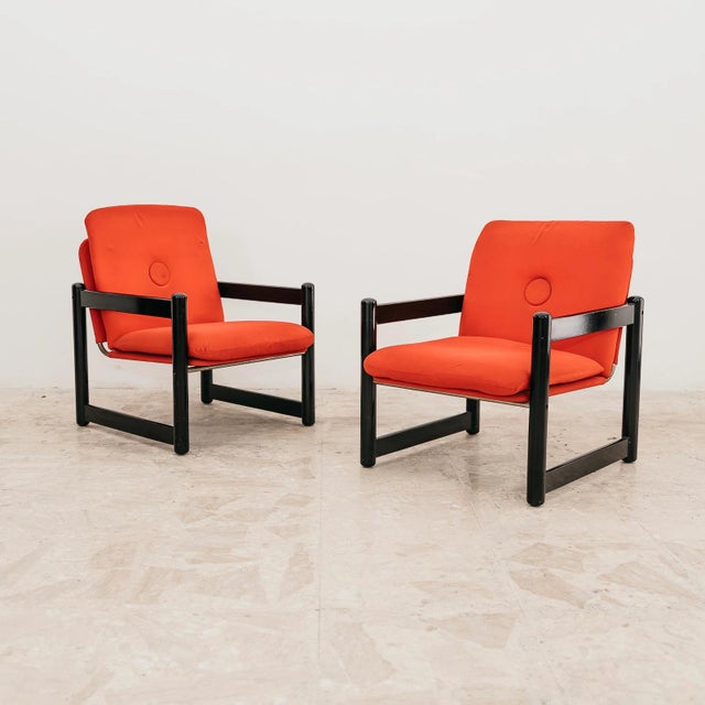 Pierrot Armchairs in Lacquered Wood and Red Fabric from Schirolli, 1980s, Set of 2 For Sale - Image 9 of 12