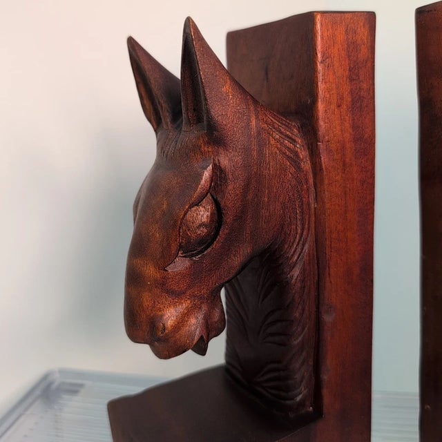 Vintage MCM Hand Carved Wood Horse Head Bookends-Pair For Sale - Image 4 of 7