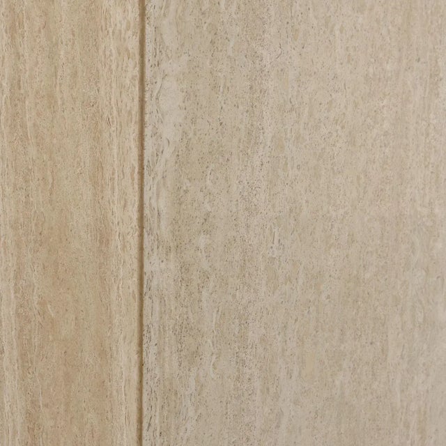 Maitland-Smith Style Brass and Glass Travertine Stone Pedestal Console Table For Sale - Image 10 of 11