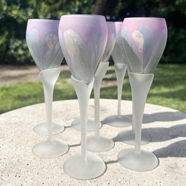 Art Nouveau Late 20th Century Art Nouveau Hand Painted Watercolor Frosted Wine Glasses by Reuven - Set of 8 For Sale - Image 3 of 10