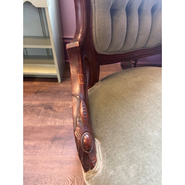 Antique Victorian Parlor Chair With Olive Green Upholstery For Sale In Philadelphia - Image 6 of 9