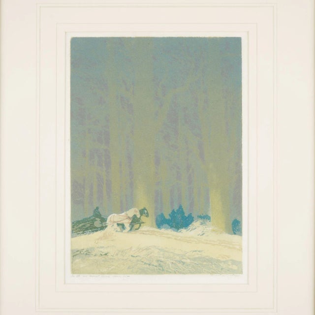 Linocut print on paper of a forest beyond on a field being plowed by horses. The light cream colored foreground is...
