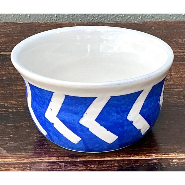 Hand-Painted Blue Geometric Ceramic Bowl For Sale - Image 9 of 13