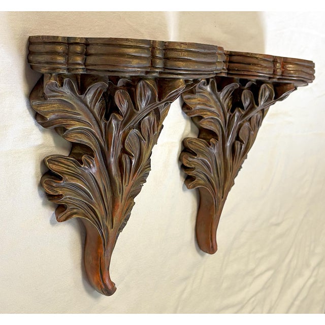 Mediterranean Vintage Acanthus Leaf Bronze Painted Wall Brackets- a Pair For Sale - Image 3 of 12