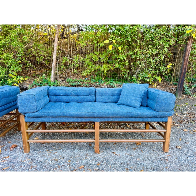 Mid-Century Modern Pair of Mid-Century Modern Pine Frame Benches/Daybeds With Blue Upholstery For Sale - Image 3 of 8