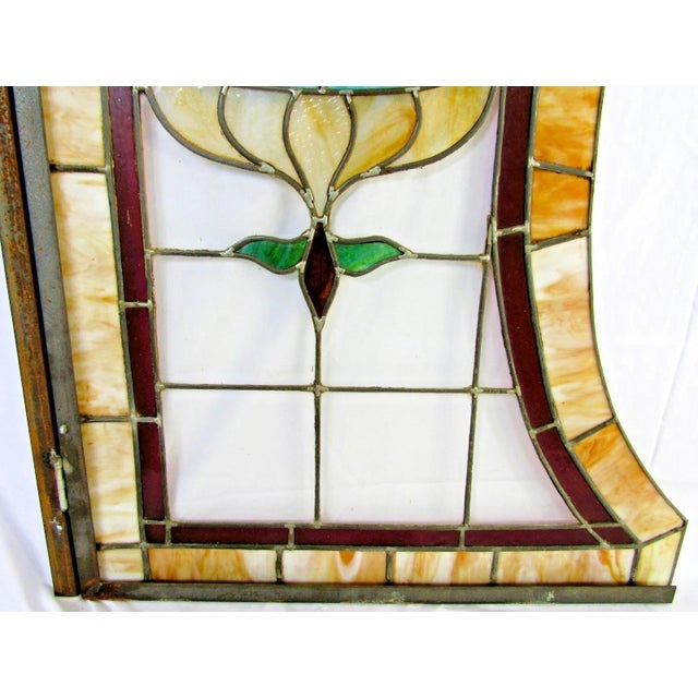 Pair Antique 19th-Century Art Nouveau Arced Framed Leaded Stained Glass Windows For Sale In Miami - Image 6 of 16