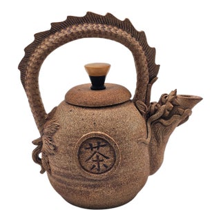 Chinese Stoneware Dragon Teapot With Sculptural Handle & Spout, 9" For Sale