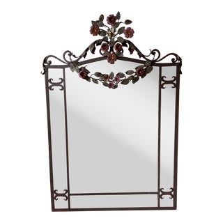 Vintage Black Wrought Iron Mirror with Floral Garland For Sale