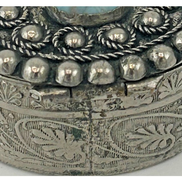 Metal Italian Silverplate Trinket Box With Turquoise Stone For Sale - Image 7 of 10