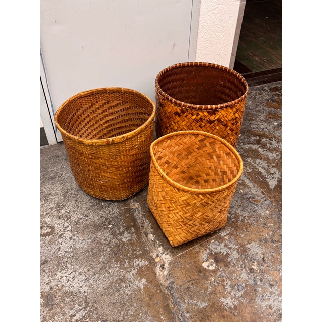Wood Vintage Handwoven Wicker Baskets, Set of Three For Sale - Image 7 of 12