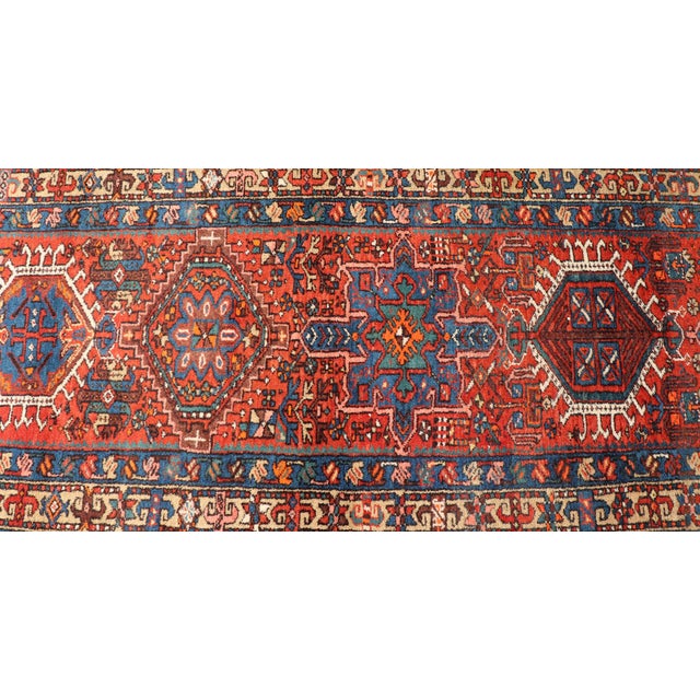 Antique Serapi Runner With Bold Geometric Medallions and Rich Tribal Design Motifs 3'3" X 14'0" For Sale - Image 11 of 13