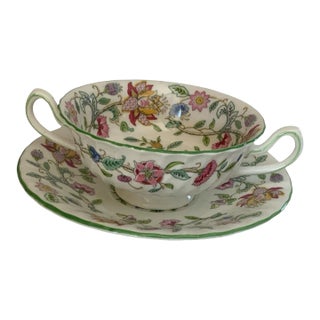 Vintage Minton Haddon Hall Foot Cream Soup Bowl & Saucers Fine Bone China Green For Sale