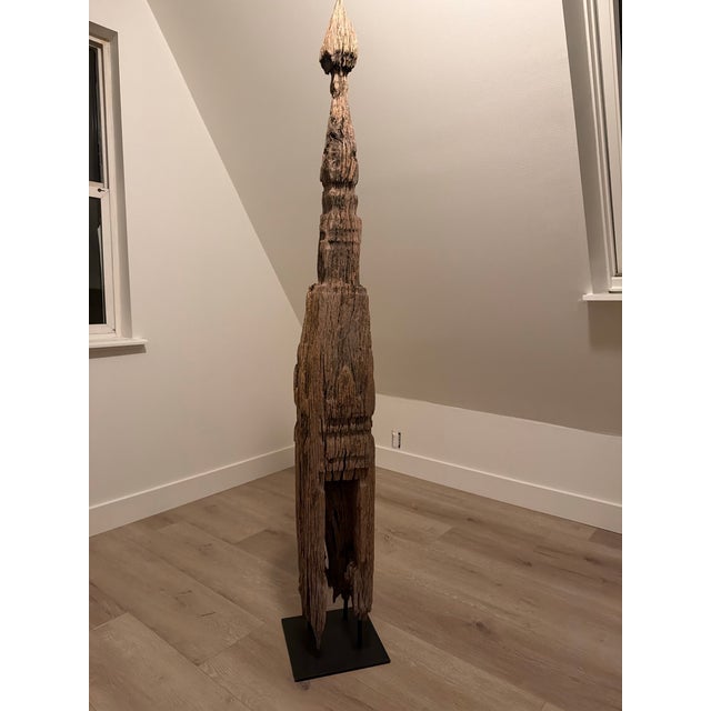 Wood Antique Thai Teak Stupas Mounted on Metal Gallery Stands - Set of 3 For Sale - Image 7 of 7