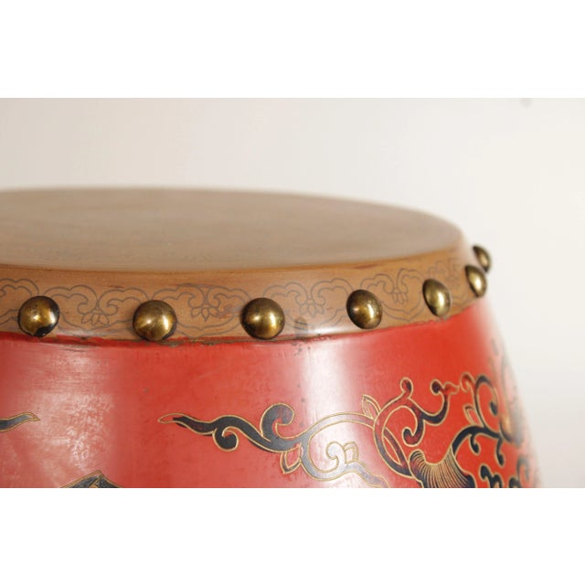 Asian Inspired Pair Hand Painted Wooden Drum Stools For Sale - Image 10 of 12
