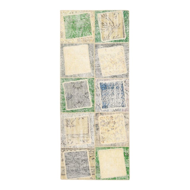Vintage Green Patchwork Turkish Runner Rug - Handwoven Boho Hallway Carpet For Sale