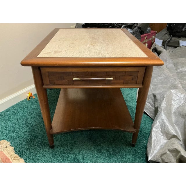 Wood Vintage Lane Perception Mid-Century Modern End Table With Basketweave Drawer and Travertine Top For Sale - Image 7 of 9