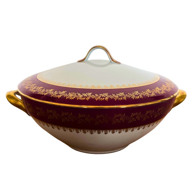 Mid-Century Porcelain Dinner Service with Ruby Red and Gilt Frieze from Limoges, 1950, Set of 26 For Sale - Image 4 of 11