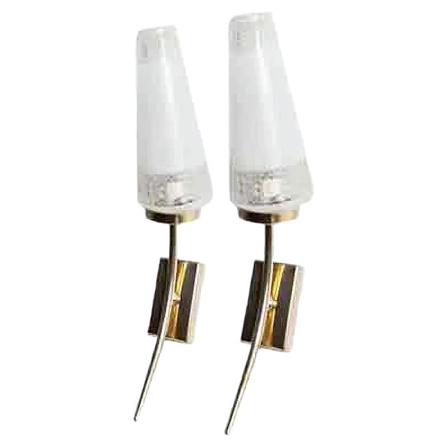 Brass and White Transparent Glass Sconces, 1960s, Set of 2 For Sale