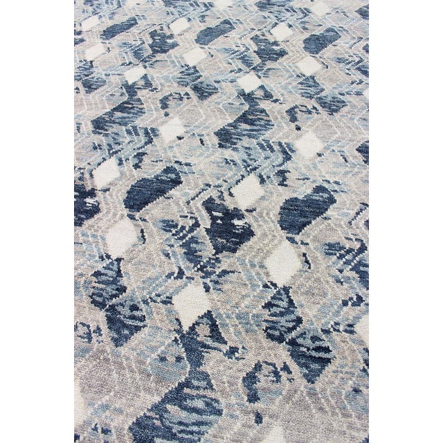 Oversized Modern Diamond Designed Indian Area Rug in Blue, Gray, and White. Country of Origin: India; Type: Modern;...