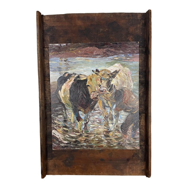 1920s Heinrich Von Zügel Cows & Worker in a Field Oil Painting on Board For Sale