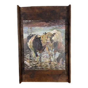 1920s Heinrich Von Zügel Cows & Worker in a Field Oil Painting on Board