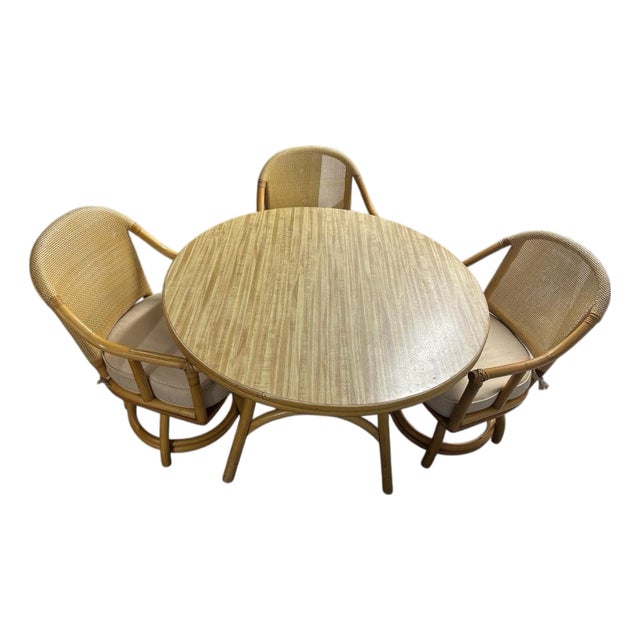 Rattan Set - 3 Vintage Sturdy Rattan Low Back Swivel Chairs and Matching Table For Sale