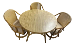 Rattan Set - 3 Vintage Sturdy Rattan Low Back Swivel Chairs and Matching Table