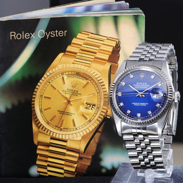 Rolex Datejust 16014 Blue Vignette Diamond Dial 36mm Steel White Gold Watch For Sale - Image 16 of 17
