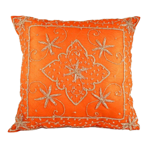 Throw Decorative Orange Accent Pillow Embellished With Sequins and Beads