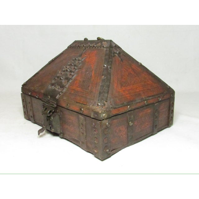 Antique Indian Iron Bound and Lacqured Dowry or Jewelry Box For Sale - Image 4 of 12
