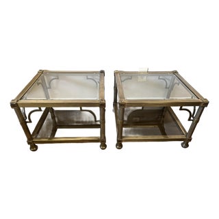 1960s Pair Mastercraft Style MCM Brass Look Metal Side Tables With Clear and Smoked Glass For Sale