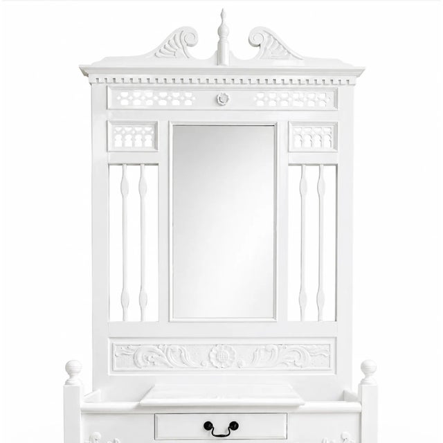 Vintage Ornate Hall Tree Vanity | High Gloss White W/ Mirror | Palm Beach Regency For Sale - Image 4 of 6