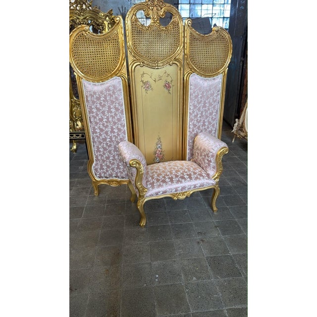 1960s Vintage Rococo Folding Screen Handpainted Floral Gold leaf Set For Sale - Image 5 of 8