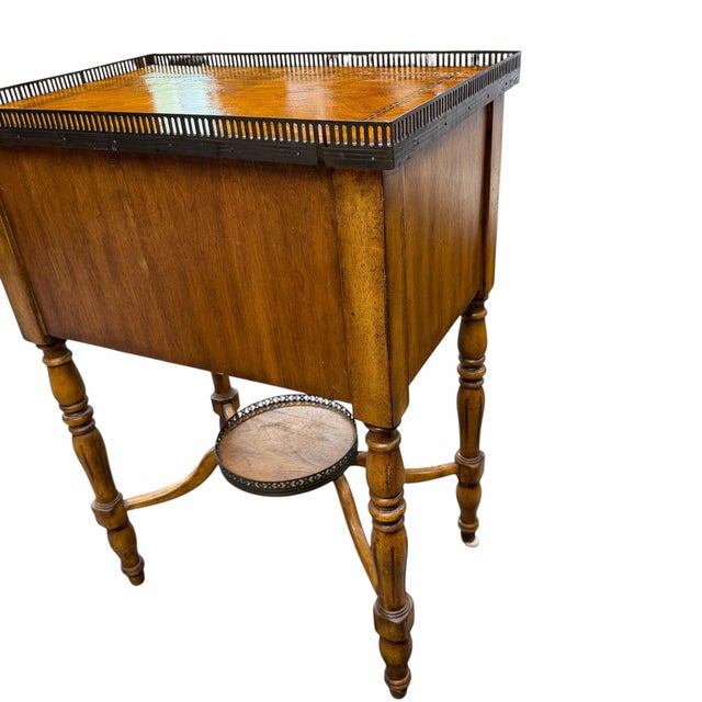 Vintage Two Drawer Birds Eye Wood Brass Gallery Drinks or Side Table For Sale - Image 6 of 11