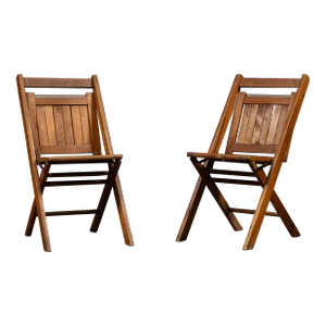 1920s Antique Wooden Slat Back Folding Chairs- Set of 2