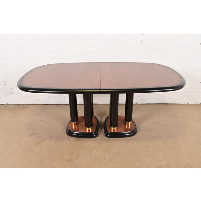 Drexel Heritage Modern Art Deco Walnut and Black Lacquered Double Pedestal Extension Dining Table, Newly Refinished For Sale In South Bend - Image 6 of 14