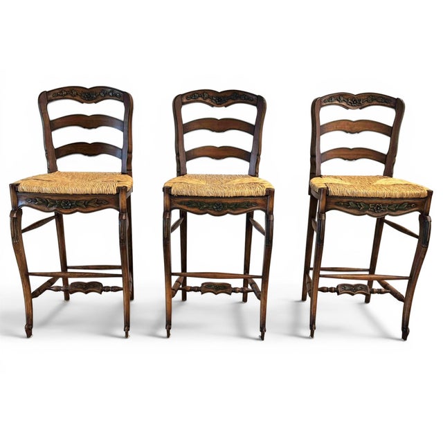 French Country Rush Seat Bar Stools - Set of 3 For Sale - Image 4 of 13