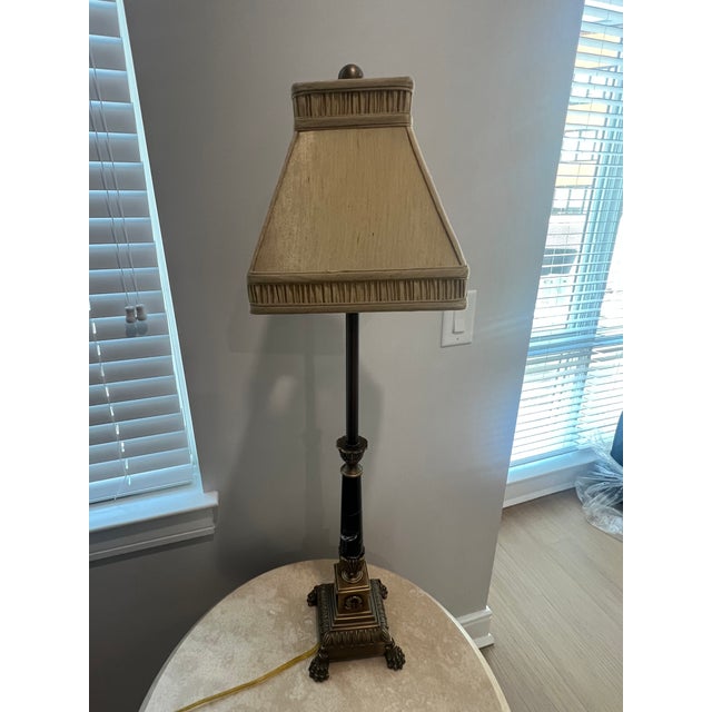 2000 - 2009 Maitland Smith Table Lamp With Marble Shaft and Silk Pleated Shade For Sale - Image 5 of 6