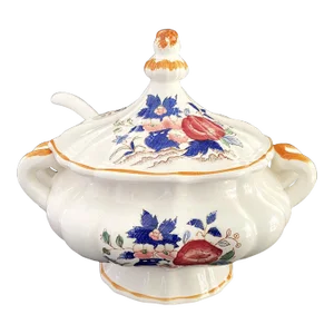 1970s Attributed to Royal Sealy Japan, Covered Soup Tureen With Ladle, Ceramic, Blue & Red Chinoiserie Pattern- 3 Pieces